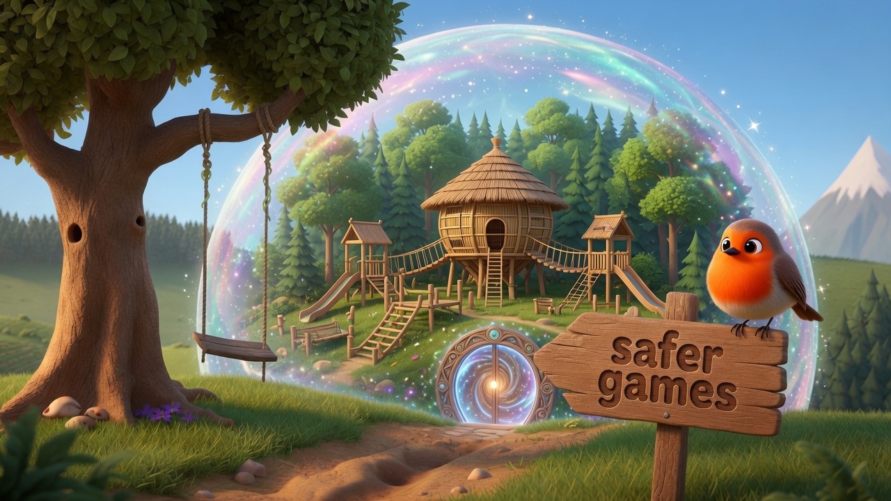 A robin sits on a wooden Safer Games sign next to a playground inside a big soap bubble
